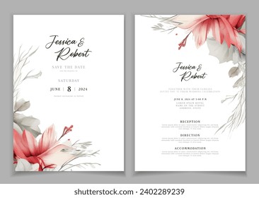 Wedding invitation card background with line art, watercolor flower and botanical leaves, organic shapes. Floral poster, invite card template