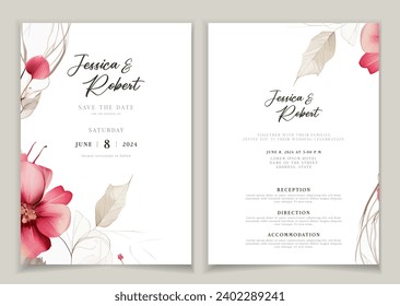 Wedding invitation card background with line art, watercolor flower and botanical leaves, organic shapes. Floral poster, invite card template