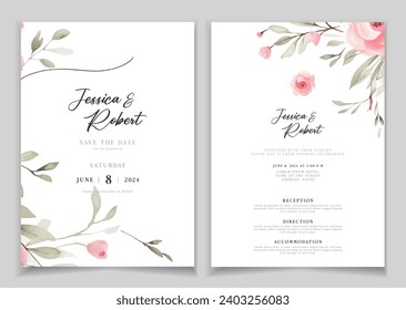 Wedding invitation card background with line art, watercolor flower and botanical leaves, organic shapes. Floral poster, invite card template