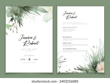 Wedding invitation card background with line art, watercolor flower and botanical leaves, organic shapes. Floral poster, invite card template