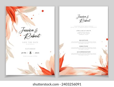Wedding invitation card background with line art, watercolor flower and botanical leaves, organic shapes. Floral poster, invite card template