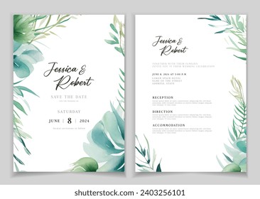 Wedding invitation card background with line art, watercolor flower and botanical leaves, organic shapes. Floral poster, invite card template