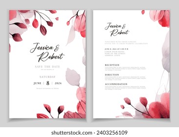 Wedding invitation card background with line art, watercolor flower and botanical leaves, organic shapes. Floral poster, invite card template