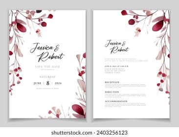 Wedding invitation card background with line art, watercolor flower and botanical leaves, organic shapes. Floral poster, invite card template