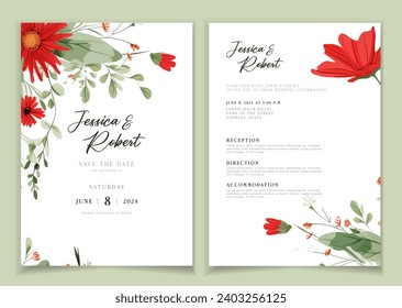 Wedding invitation card background with line art, watercolor flower and botanical leaves, organic shapes. Floral poster, invite card template