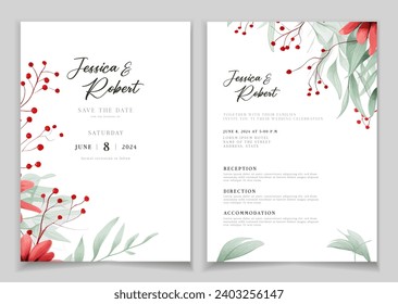 Wedding invitation card background with line art, watercolor flower and botanical leaves, organic shapes. Floral poster, invite card template