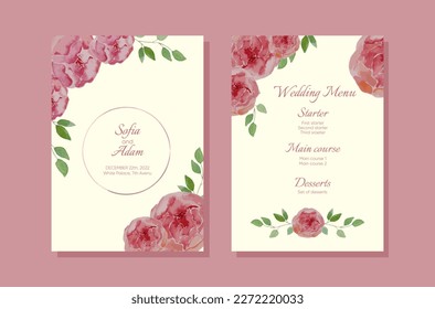 Wedding invitation card background with pink flower and leaves. Watercolor. Art background vector design for wedding and vip cover template.