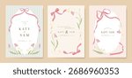 Wedding invitation card background vector set. Minimal hand drawn ribbon frame and flower. Design for wedding, vip cover template, rsvp modern card, poster.
