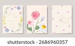 Wedding invitation card background vector set. Minimal hand drawn flower, leaves in watercolor texture. Design for wedding, vip cover template, rsvp modern card, poster.