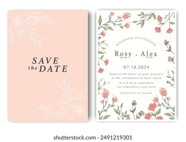 Vector de fondo de tarjeta de invitación de boda. Elegante mano dibujada flor y arte de la línea con elegante Plantilla de anémona del jardín Ilustración de diseño para la boda y la Plantilla, Anuncio.