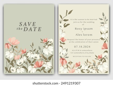 wedding invitation card background vector. Elegant hand drawn flower and line art with elegant garden anemone template Design illustration for wedding and template, banner.