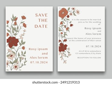 wedding invitation card background vector. Elegant hand drawn flower and line art with elegant garden anemone template Design illustration for wedding and template, banner.