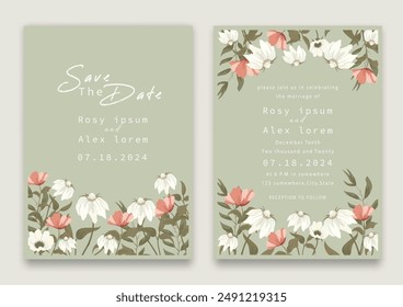 Hochzeitseinladungskarte Hintergrund Vektorgrafik. Elegante handgezeichnete Blumen- und Strichkunst mit eleganter Gartenanemone Vorlage Design-Illustration für Hochzeit und Vorlage, Banner.