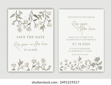 Hochzeitseinladungskarte Hintergrund Vektorgrafik. Elegante handgezeichnete Blumen- und Strichkunst mit eleganter Gartenanemone Vorlage Design-Illustration für Hochzeit und Vorlage, Banner.