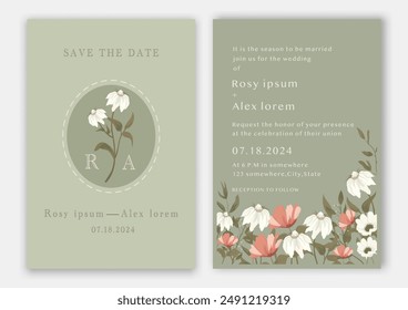 wedding invitation card background vector. Elegant hand drawn flower and line art with elegant garden anemone template Design illustration for wedding and template, banner.