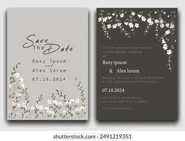 wedding invitation card background vector. Elegant hand drawn flower and line art with elegant garden anemone template Design illustration for wedding and template, banner.