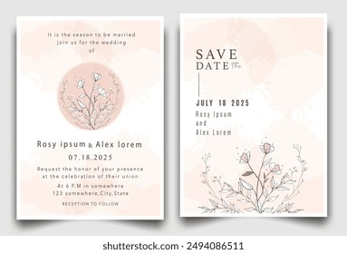 wedding invitation card background vector. Elegant hand drawn flower and line art with elegant garden anemone template Design illustration for wedding and template, banner.