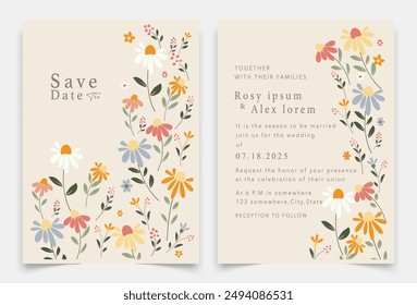 wedding invitation card background vector. Elegant hand drawn flower and line art with elegant garden anemone template Design illustration for wedding and template, banner.
