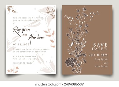 wedding invitation card background vector. Elegant hand drawn flower and line art with elegant garden anemone template Design illustration for wedding and template, banner.