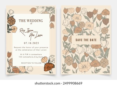 : wedding invitation card background vector. Elegant hand drawn flower and line art with elegant garden anemone template Design illustration for wedding and template, banner.