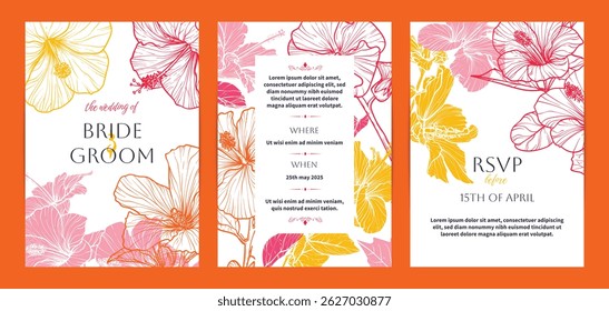 Wedding invitation card background vector. Elegant botanical flower decorate with line art hibiscus texture template background. Design illustration for wedding and vip cover template, banner.
