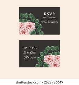 wedding invitation card background vector. Minimal hand painted watercolor botanical flowers texture template black background. Design illustration for wedding, rsvp modern card.