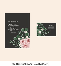 wedding invitation card background vector. Minimal hand painted watercolor botanical flowers texture template black background. Design illustration for wedding, rsvp modern card.