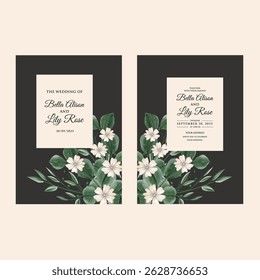 wedding invitation card background vector. Minimal hand painted watercolor botanical flowers texture template black background. Design illustration for wedding, rsvp modern card.