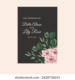 wedding invitation card background vector. Minimal hand painted watercolor botanical flowers texture template black background. Design illustration for wedding, rsvp modern card.