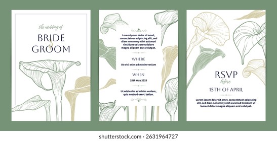 Wedding invitation card background vector. Elegant botanical flower decorate with line art calla lily flowers texture template background. Design illustration for wedding cover templates, banner.