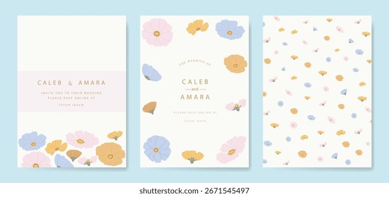 Hochzeit Einladungskarte Hintergrund Vektor. Minimal pastellfarbenes, handgezeichnetes Blumen- und Blumenmuster. Kartenvorlage Design für Hochzeit, VIP-Cover-Vorlage, rsvp moderne Karte, Poster.