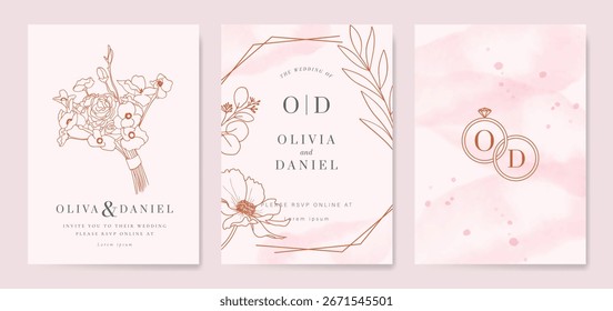 Hochzeit Einladungskarte Hintergrund Vektor. Minimal handgezeichnete Blume, Strauß und Ring Linie Kunst. Kartenvorlage Design für Hochzeit, Vip Cover Vorlage, rsvp moderne Karte, Poster.