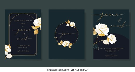 Hochzeit Einladungskarte Hintergrund Vektor. Luxuriöser Art-Deco-Rahmen und handgezeichnete Goldblume. Green Card Template Design für Hochzeit, VIP Cover Template, rsvp moderne Karte, Poster.