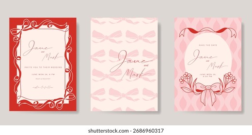 Wedding invitation card background vector set. Minimal hand drawn flower, ribbon frame and pattern. Design for wedding, vip cover template, rsvp modern card, poster.