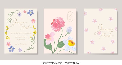 Wedding invitation card background vector set. Minimal hand drawn flower, leaves in watercolor texture. Design for wedding, vip cover template, rsvp modern card, poster.