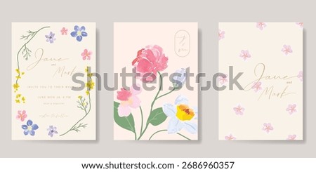 Wedding invitation card background vector set. Minimal hand drawn flower, leaves in watercolor texture. Design for wedding, vip cover template, rsvp modern card, poster.