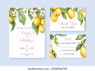 Fondo de la tarjeta de invitación de boda con limones acuarelas. Resumen de diseño vectorial de fondo de arte floral para invitación de boda y plantilla de portada vip