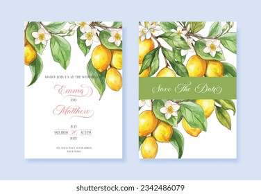 Wedding invitation card background with watercolor lemons. Abstract floral art background vector design for wedding invitation and vip cover template