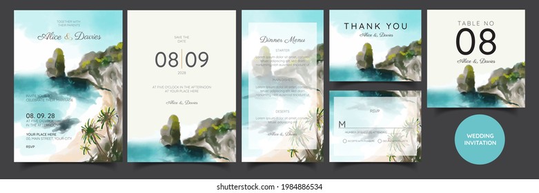 wedding invitation card, beach panorama, watercolor
