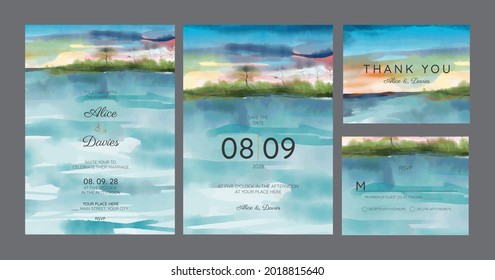 Wedding Invitation Card, Beach Panorama, Watercolor