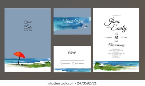 wedding invitation card, beach panorama, watercolor	
