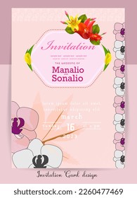 Wedding invitation Card with beautiful blooming floral watercolor background.
Beautiful hand drawing invitation design pink rose invitation template. Elegant wedding card with beautiful floral vector.