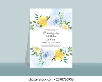 Wedding invitation card with beautiful blue and yellow flowers