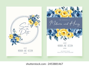 Wedding invitation card with beautiful blue and yellow flowers vector