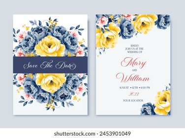 Wedding invitation card with beautiful blue and yellow flowers vector