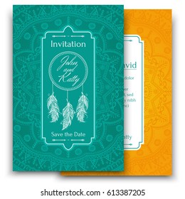 Wedding invitation card with beautiful ethnic mandala with a floral tribal pattern