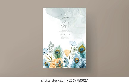 wedding invitation card with beautiful floral and peacock feather