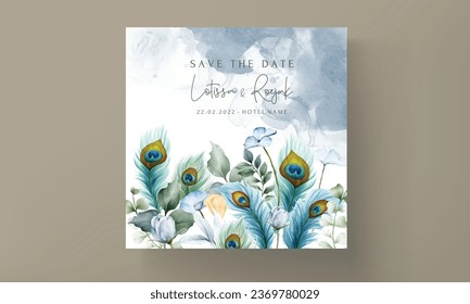 wedding invitation card with beautiful floral and peacock feather