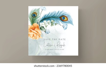 wedding invitation card with beautiful floral and peacock feather
