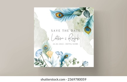 tarjeta de invitación a la boda con una hermosa pluma floral y de pavo real